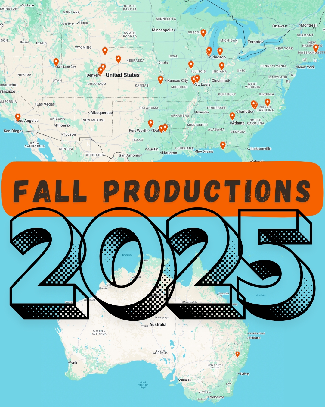 Map of my productions happening in the Fall of 2025