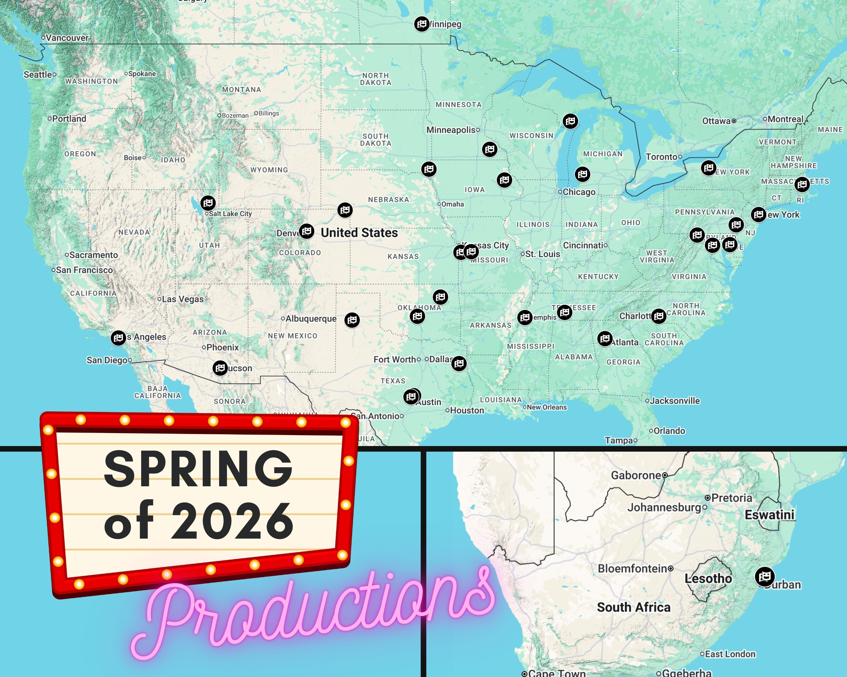 Map of upcoming Spring 2026 Productions
