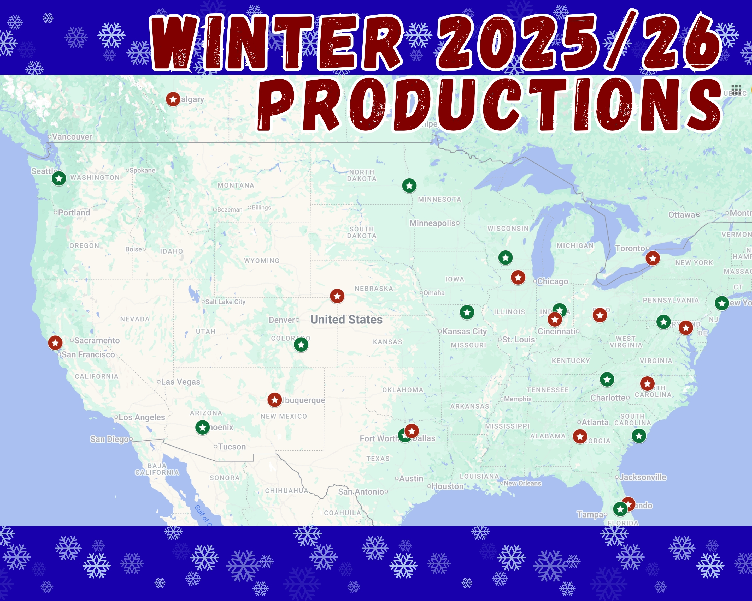 Map of productions happening in the Winter of 2025 and 2026