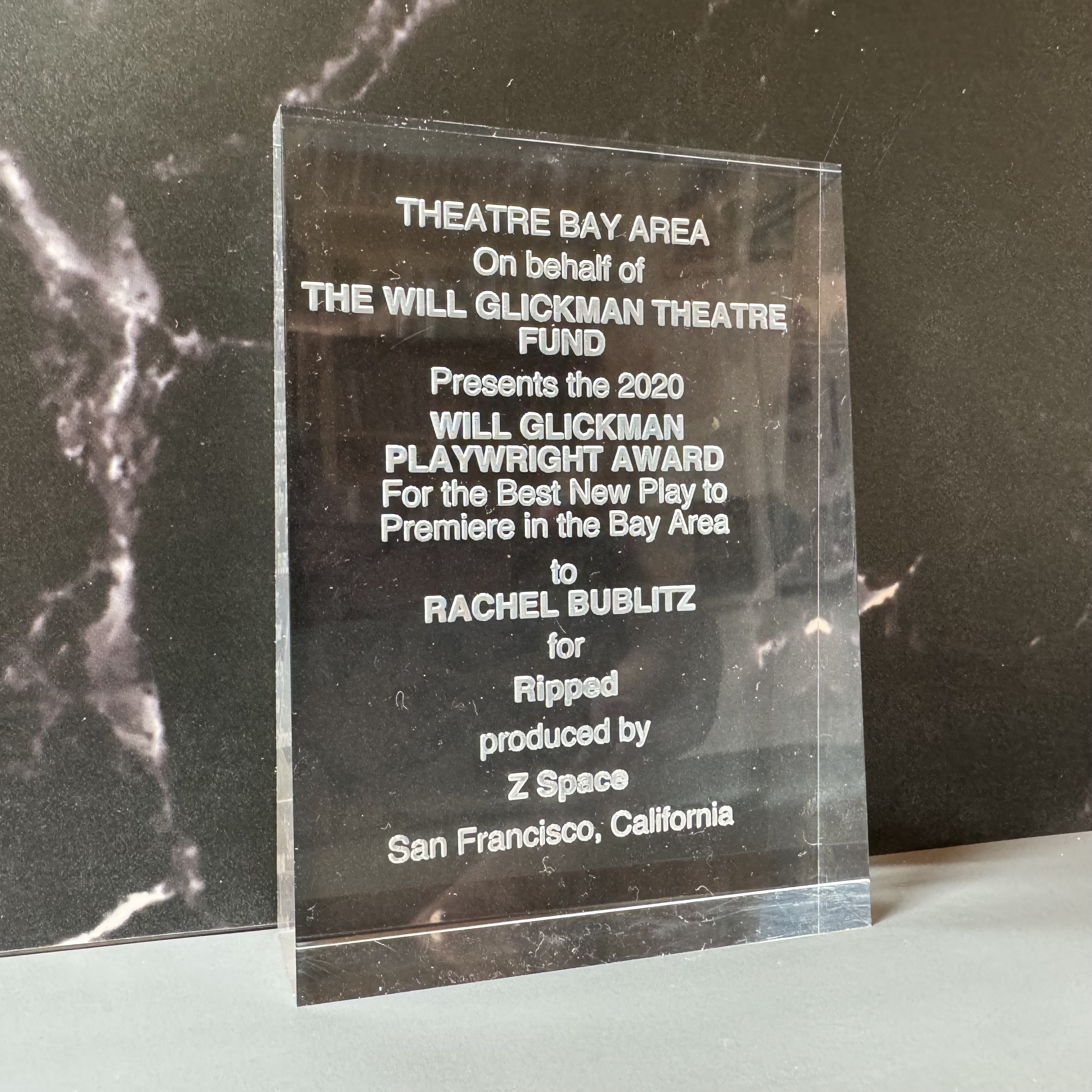 Image of the 2020 Will Glickman Award Trophy, presented by Theatre Bay Area