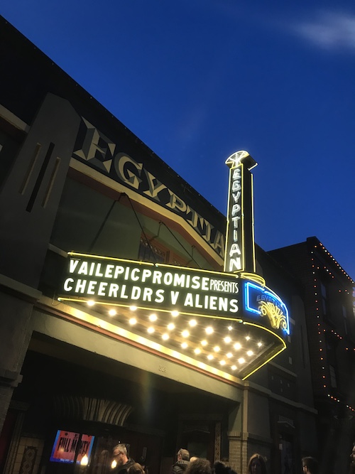 Egyptian Theatre Marquee, Cheerleaders VS. Aliens up in lights.